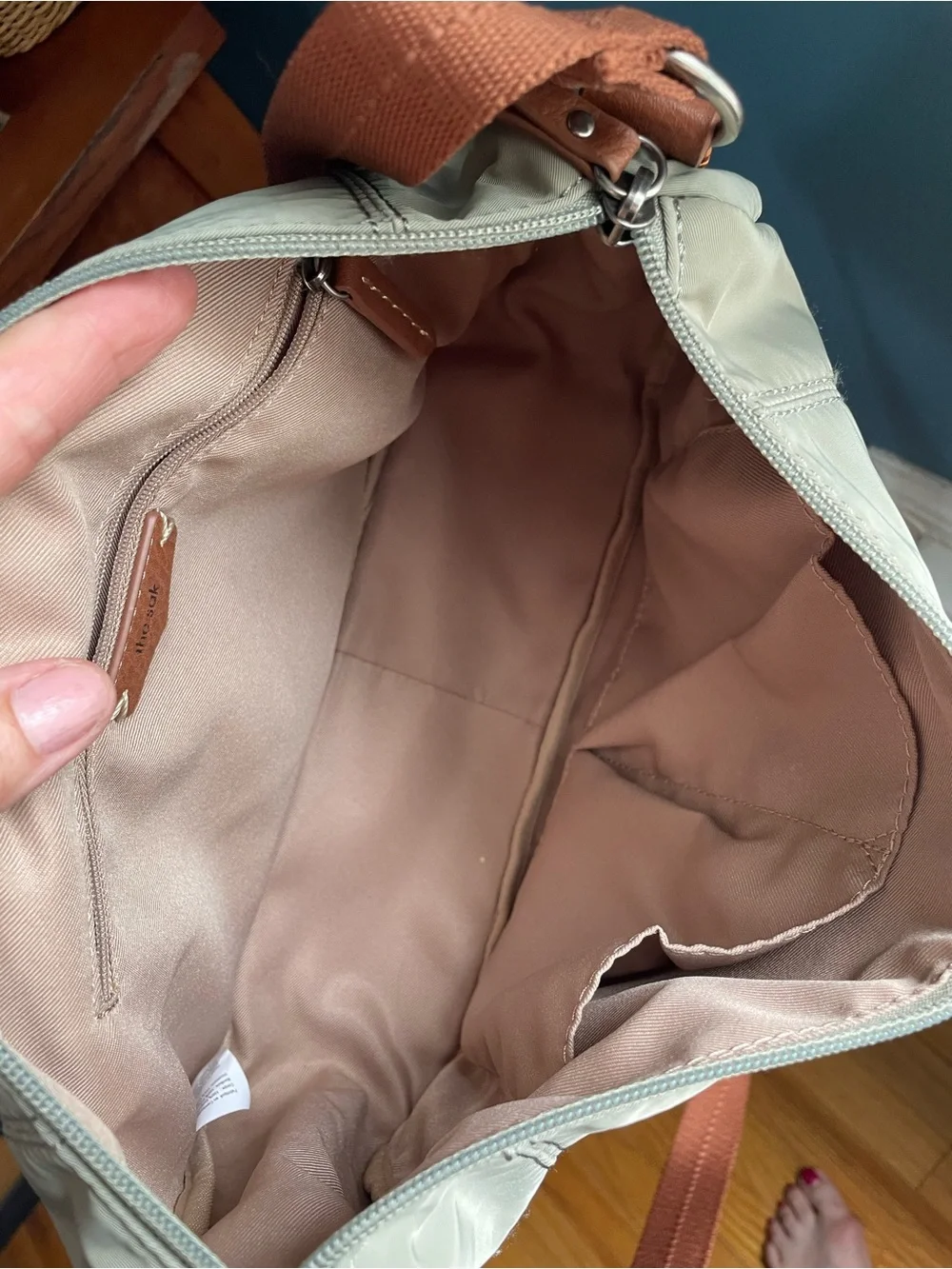 The Sak Esperato Recycled Nylon Hobo Bag Sage Green Canvas Strap EUC